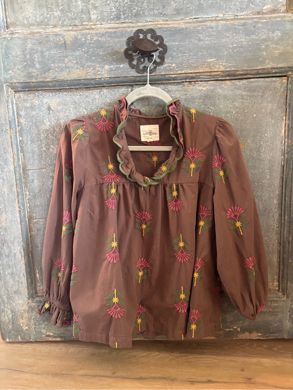 Umgee Brown Embroidered Ruffle Neck Long Sleeve Top